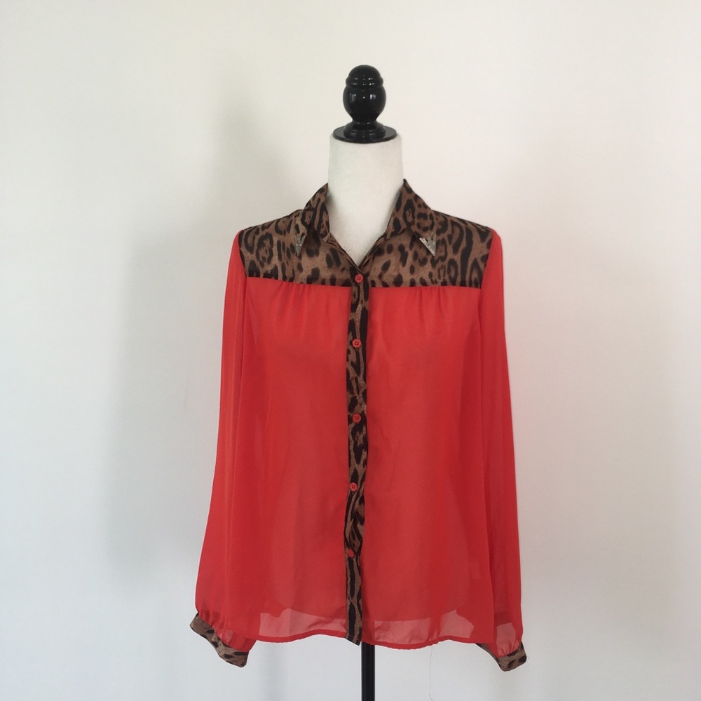 cleo Red Sheer Blouse with Leopard Trim